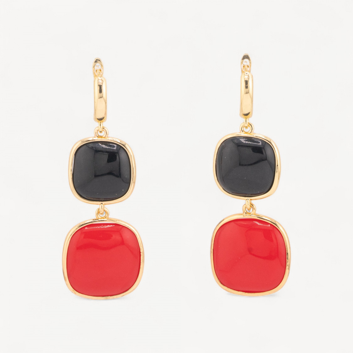 Orecchini Di Bronzo A Perno Con Occhio Di Gatto Doppio Quadratino 22x60mm Nero e Rosso-ORECCHINI MADE WITH STYLE | Worldofjewel.com