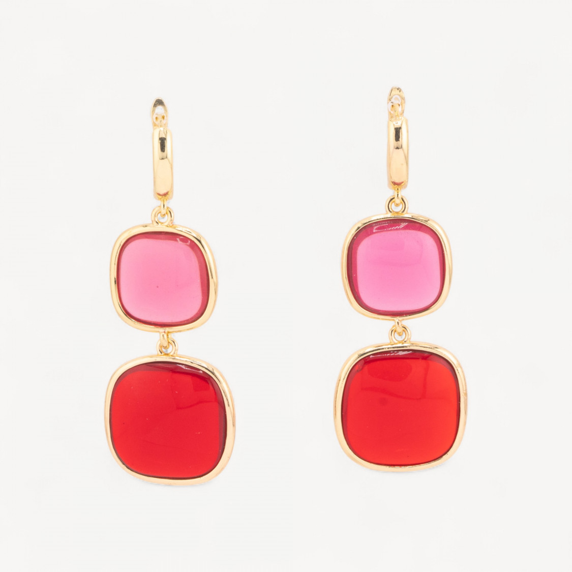 Orecchini Di Bronzo A Perno Con Occhio Di Gatto Doppio Quadratino 22x60mm Rosa e Rosso Trasparenti-ORECCHINI MADE WITH STYLE | Worldofjewel.com