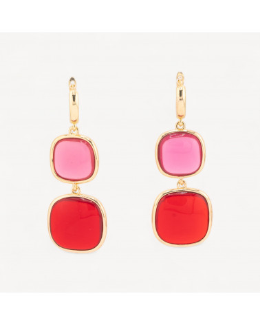 Orecchini Di Bronzo A Perno Con Occhio Di Gatto Doppio Quadratino 22x60mm Rosa e Rosso Trasparenti-ORECCHINI MADE WITH STYLE | Worldofjewel.com