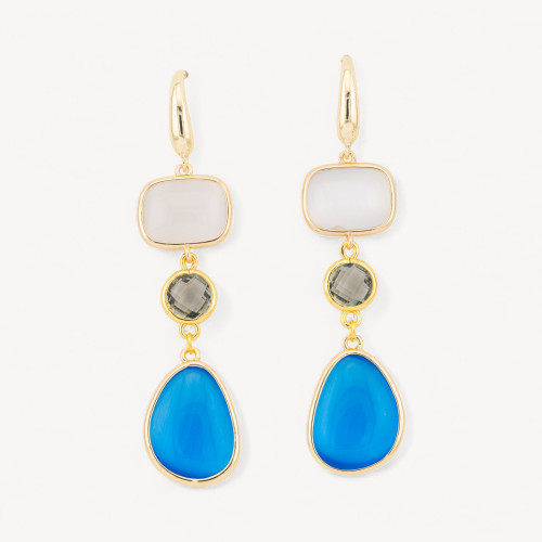 17x70mm White and Blue Rectangle and Mango Cat's Eye Bronze Stud Earrings