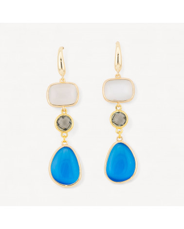 Orecchini Di Bronzo A Perno Con Occhio Di Gatto Retangolo e Mango 17x70mm Bianco e Blu-ORECCHINI MADE WITH STYLE | Worldofjewel.com