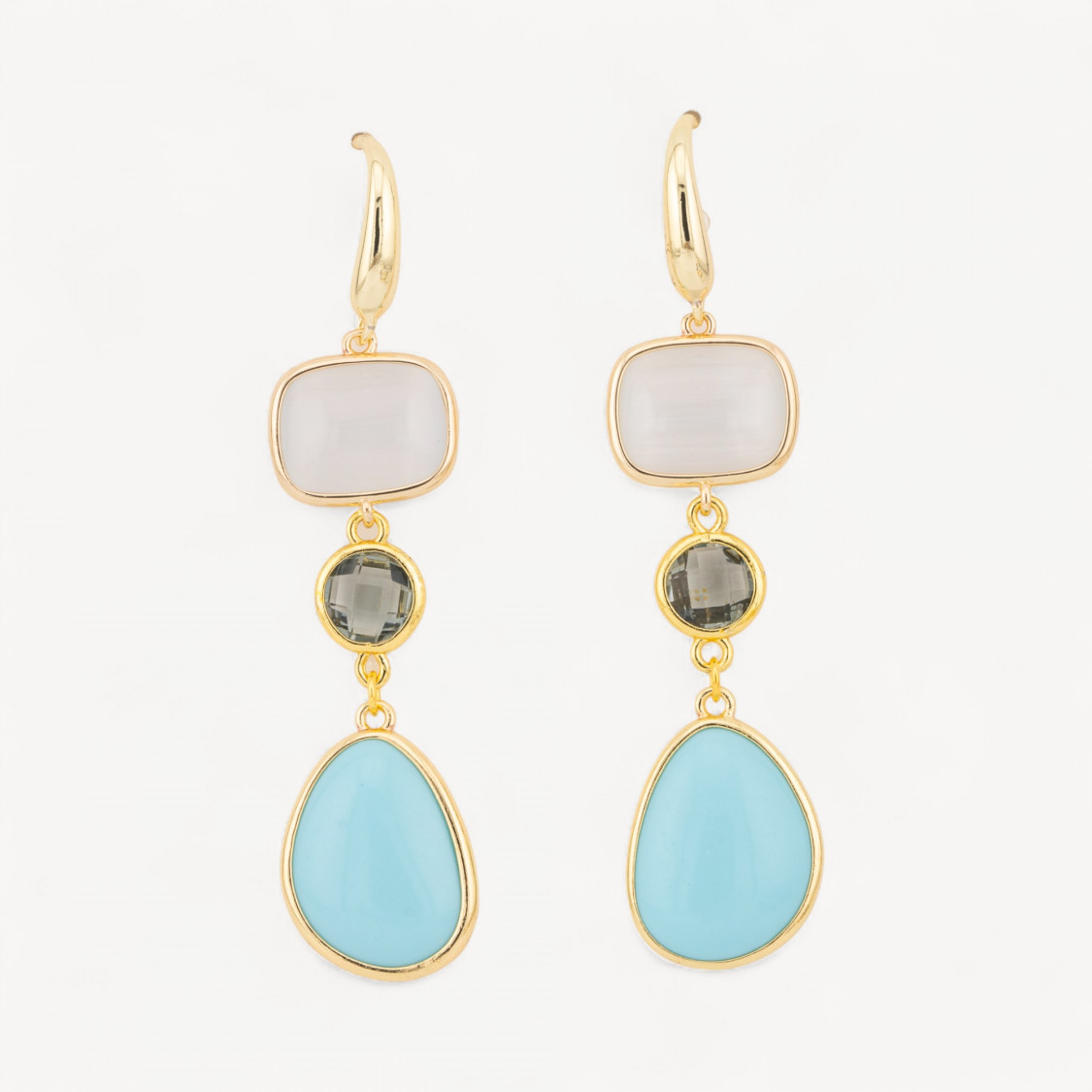 Orecchini Di Bronzo A Perno Con Occhio Di Gatto Retangolo e Mango 17x70mm Bianco e Celeste-ORECCHINI MADE WITH STYLE | Worldofjewel.com