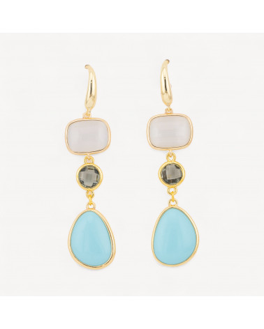 Orecchini Di Bronzo A Perno Con Occhio Di Gatto Retangolo e Mango 17x70mm Bianco e Celeste-ORECCHINI MADE WITH STYLE | Worldofjewel.com