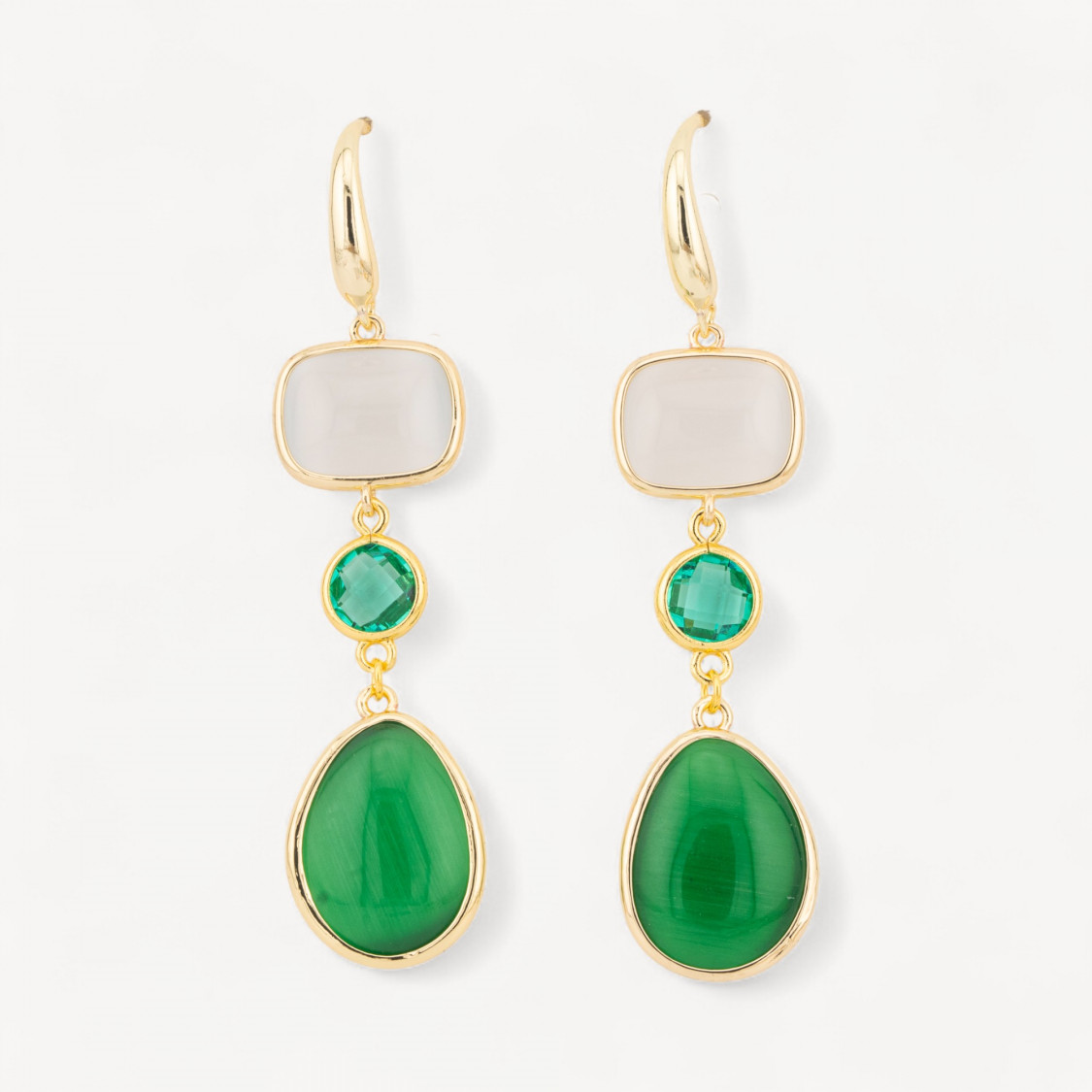 Orecchini Di Bronzo A Perno Con Occhio Di Gatto Retangolo e Mango 17x70mm Bianco e Verde-ORECCHINI MADE WITH STYLE | Worldofjewel.com