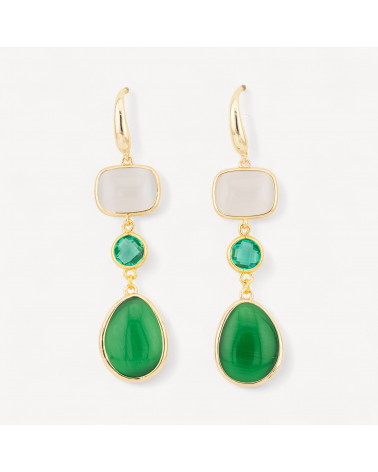 Orecchini Di Bronzo A Perno Con Occhio Di Gatto Retangolo e Mango 17x70mm Bianco e Verde-ORECCHINI MADE WITH STYLE | Worldofjewel.com