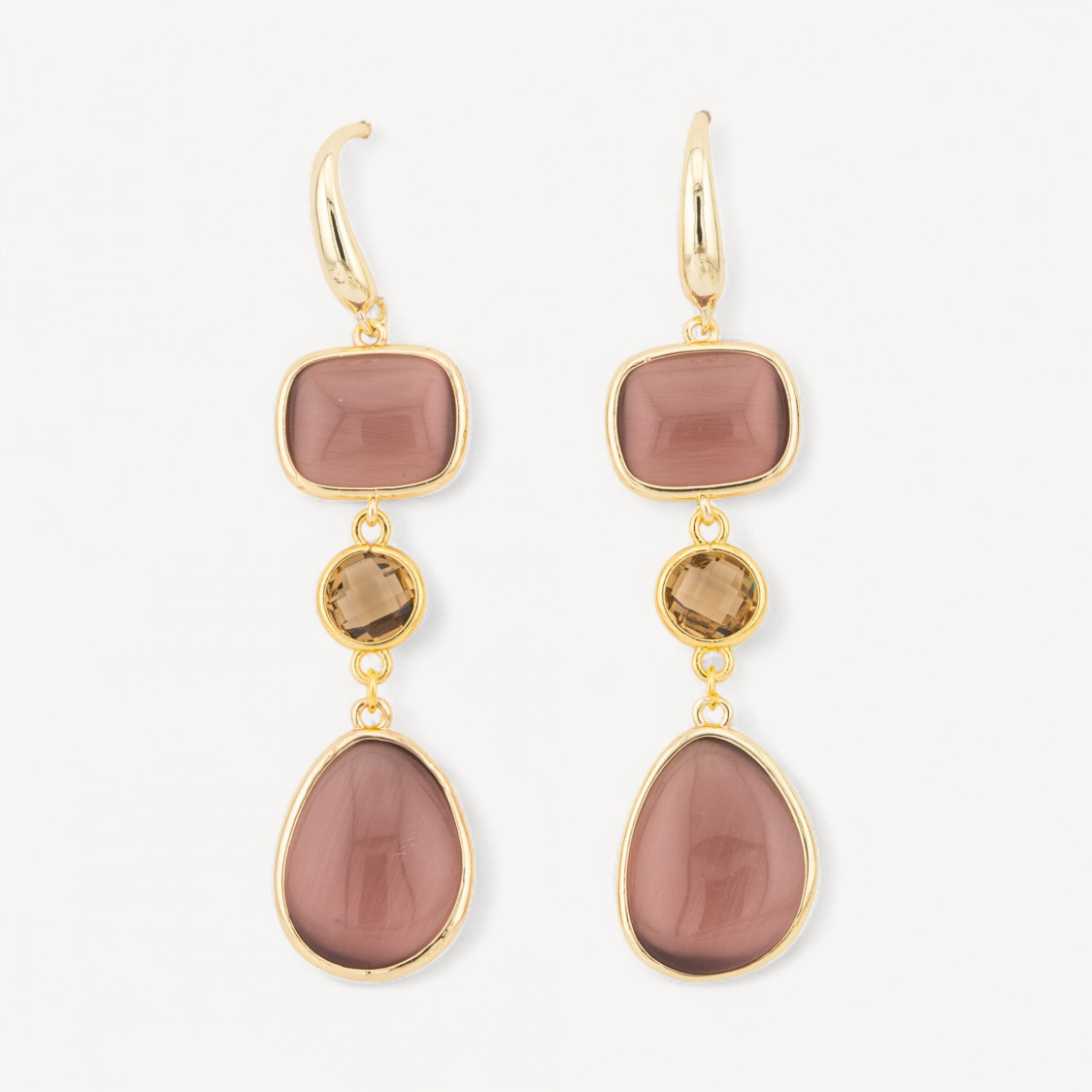 Orecchini Di Bronzo A Perno Con Occhio Di Gatto Retangolo e Mango 17x70mm Cipria-ORECCHINI MADE WITH STYLE | Worldofjewel.com