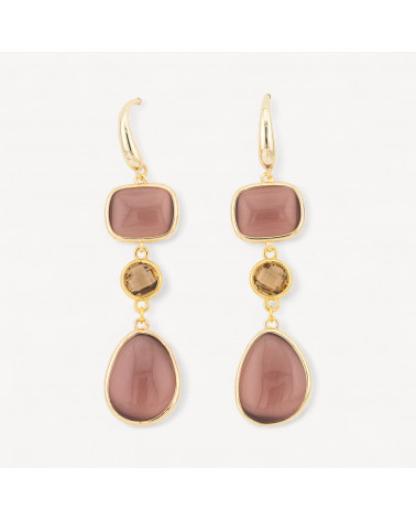 Orecchini Di Bronzo A Perno Con Occhio Di Gatto Retangolo e Mango 17x70mm Cipria-ORECCHINI MADE WITH STYLE | Worldofjewel.com