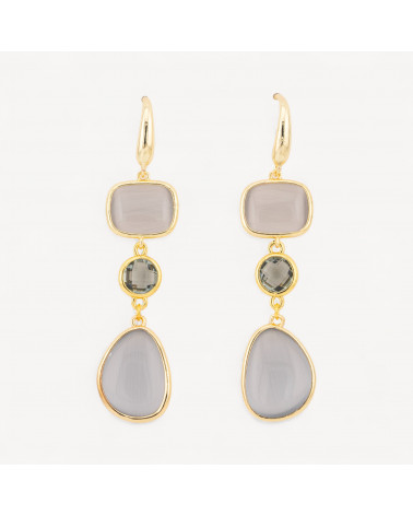 Orecchini Di Bronzo A Perno Con Occhio Di Gatto Retangolo e Mango 17x70mm Grigio-ORECCHINI MADE WITH STYLE | Worldofjewel.com