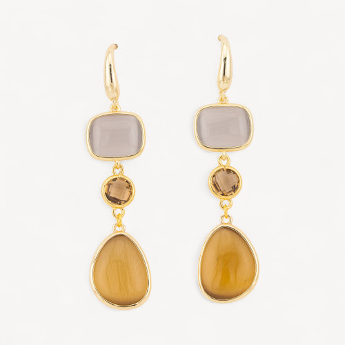 Boucles d'oreilles puces en bronze avec motif œil-de-chat rectangulaire et mangue 17x70mm gris et ambre