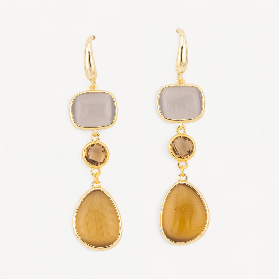 Orecchini Di Bronzo A Perno Con Occhio Di Gatto Retangolo e Mango 17x70mm Grigio e Ambra-ORECCHINI MADE WITH STYLE | Worldofjewel.com