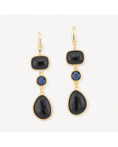 Orecchini Di Bronzo A Perno Con Occhio Di Gatto Retangolo e Mango 17x70mm Nero-ORECCHINI MADE WITH STYLE | Worldofjewel.com