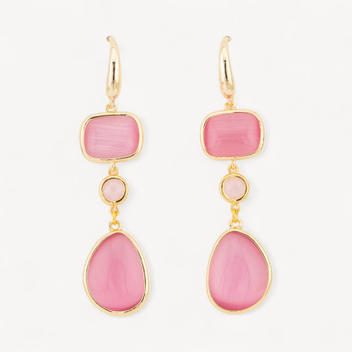 17x70mm Pink Rectangle and Mango Cat's Eye Bronze Stud Earrings