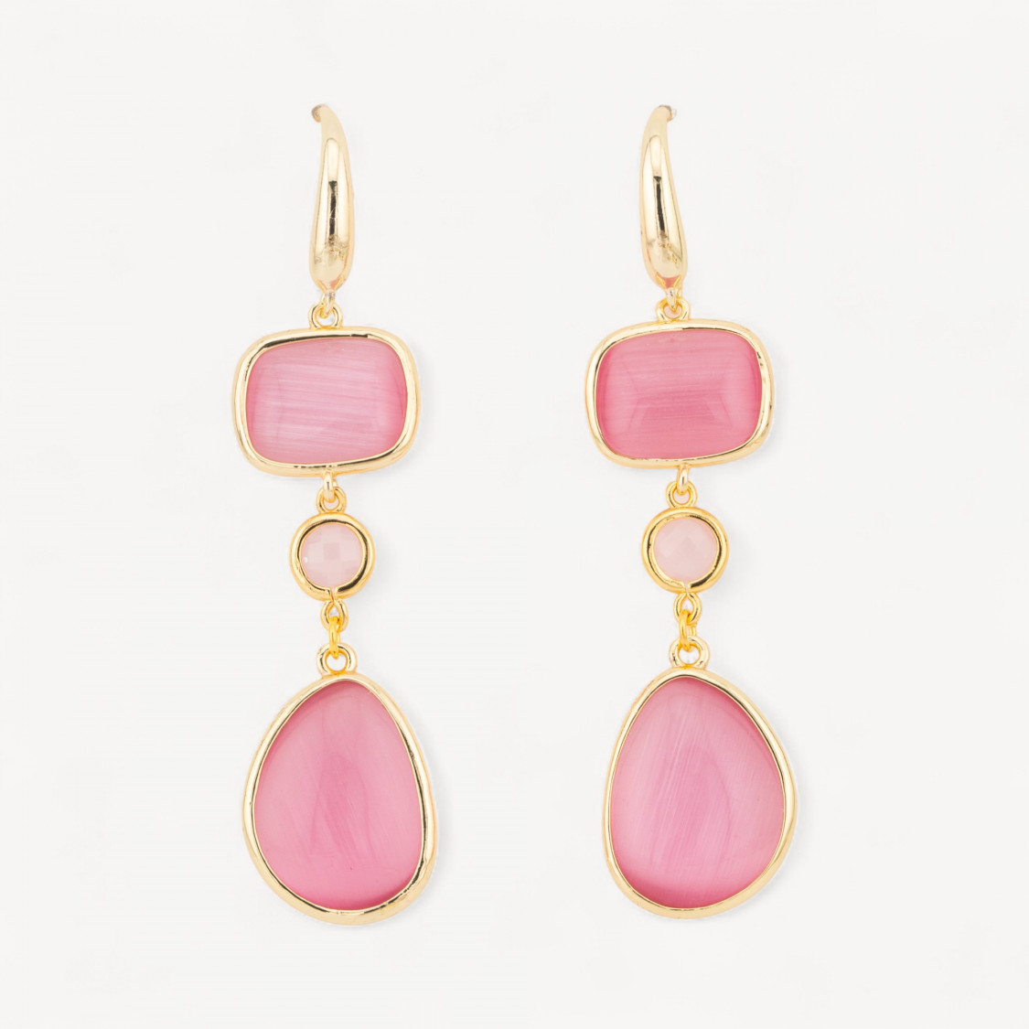 Orecchini Di Bronzo A Perno Con Occhio Di Gatto Retangolo e Mango 17x70mm Rosa-ORECCHINI MADE WITH STYLE | Worldofjewel.com
