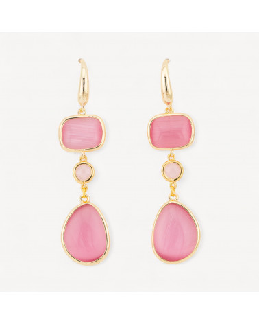 Orecchini Di Bronzo A Perno Con Occhio Di Gatto Retangolo e Mango 17x70mm Rosa-ORECCHINI MADE WITH STYLE | Worldofjewel.com