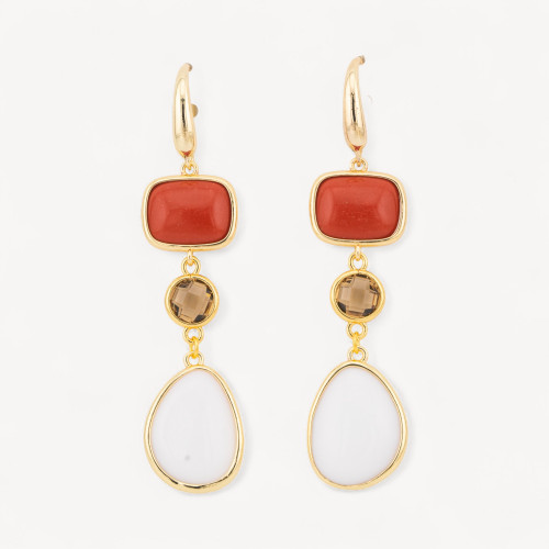 17x70mm Red and White Rectangle and Mango Cat's Eye Bronze Stud Earrings