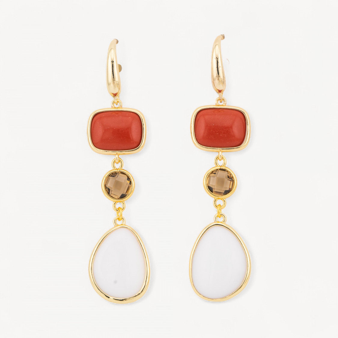 Orecchini Di Bronzo A Perno Con Occhio Di Gatto Retangolo e Mango 17x70mm Rosso e Bianco-ORECCHINI MADE WITH STYLE | Worldofjewel.com
