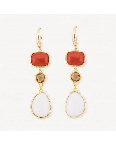 Orecchini Di Bronzo A Perno Con Occhio Di Gatto Retangolo e Mango 17x70mm Rosso e Bianco-ORECCHINI MADE WITH STYLE | Worldofjewel.com