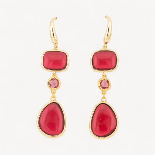 17x70mm Ruby Red Rectangle and Mango Cat's Eye Bronze Stud Earrings