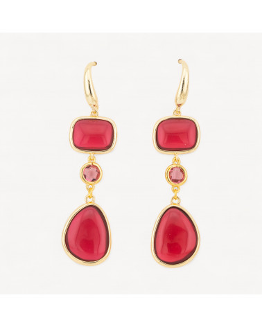 Orecchini Di Bronzo A Perno Con Occhio Di Gatto Retangolo e Mango 17x70mm Rosso Ruby-ORECCHINI MADE WITH STYLE | Worldofjewel.com