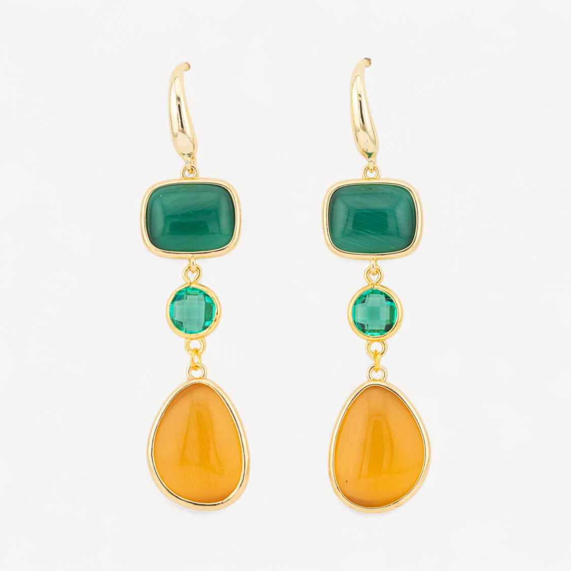 Orecchini Di Bronzo A Perno Con Occhio Di Gatto Retangolo e Mango 17x70mm Verde e Giallo-ORECCHINI MADE WITH STYLE | Worldofjewel.com