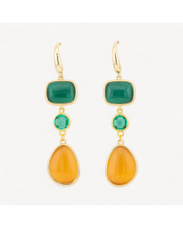 Orecchini Di Bronzo A Perno Con Occhio Di Gatto Retangolo e Mango 17x70mm Verde e Giallo-ORECCHINI MADE WITH STYLE | Worldofjewel.com