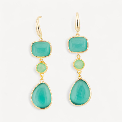 Boucles d'oreilles puces en bronze, forme rectangulaire vert émeraude et œil de chat mangue, 17 x 70 mm