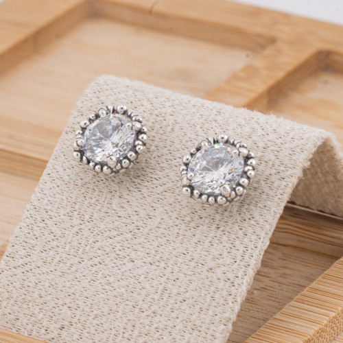 925 Silver Micro-Cast Dotted Jewel Earrings with 11mm Zircon MOD4484 White