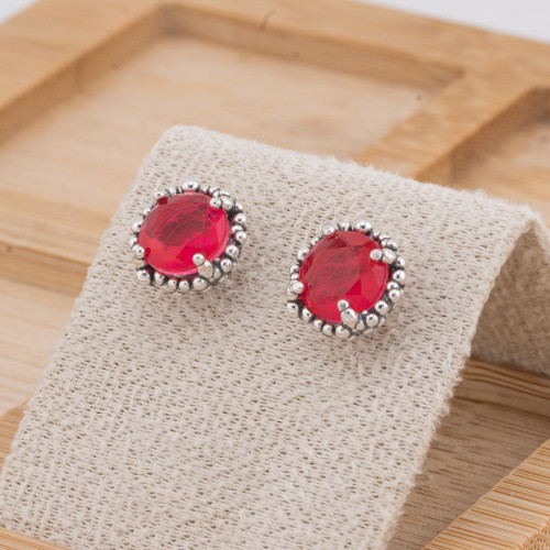 925 Silver Micro-Cast Dotted Jewel Earrings with 11mm Zircon MOD4484 Red