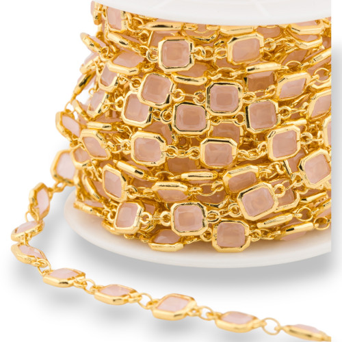Cadena de rosario de latón con cabujón cuadrado de 7 mm y baño de oro rosa de 1 metro.