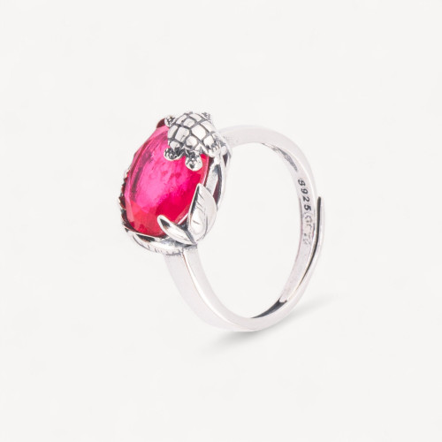 Bague en argent 925 en forme de tortue, sertie d'un zircon fuchsia, taille ajustable MOD4476