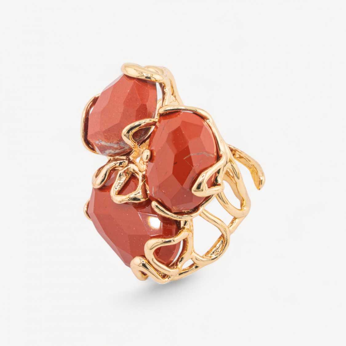 Anello Regolabile in Bronzo Dorato Collezione AURORA con Pietre Dure Diaspro Rosso | Gioiello Artigianale Donna 32x36mm-ANELLI BIJOUX DONNA AURORA BEST SELLER | Worldofjewel.com