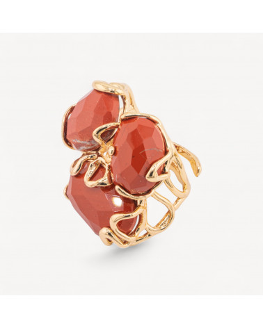 Anello Regolabile in Bronzo Dorato Collezione AURORA con Pietre Dure Diaspro Rosso | Gioiello Artigianale Donna 32x36mm-ANELLI BIJOUX DONNA AURORA BEST SELLER | Worldofjewel.com