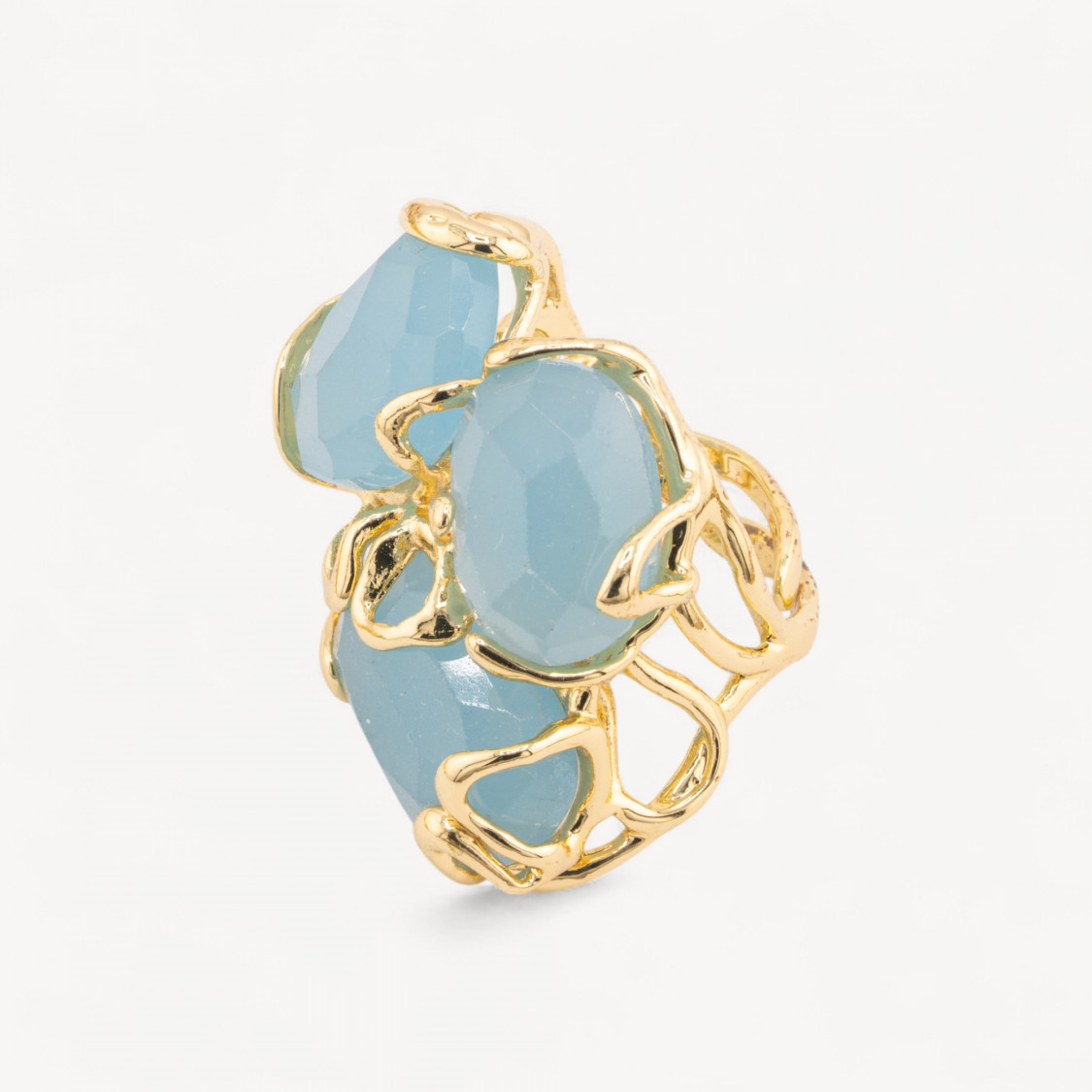 Anello Regolabile in Bronzo Dorato Collezione AURORA con Occhio Di Gatto Celeste | Gioiello Artigianale Donna 32x36mm-ANELLI BIJOUX DONNA AURORA BEST SELLER | Worldofjewel.com