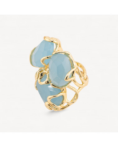 Anello Regolabile in Bronzo Dorato Collezione AURORA con Occhio Di Gatto Celeste | Gioiello Artigianale Donna 32x36mm-ANELLI BIJOUX DONNA AURORA BEST SELLER | Worldofjewel.com