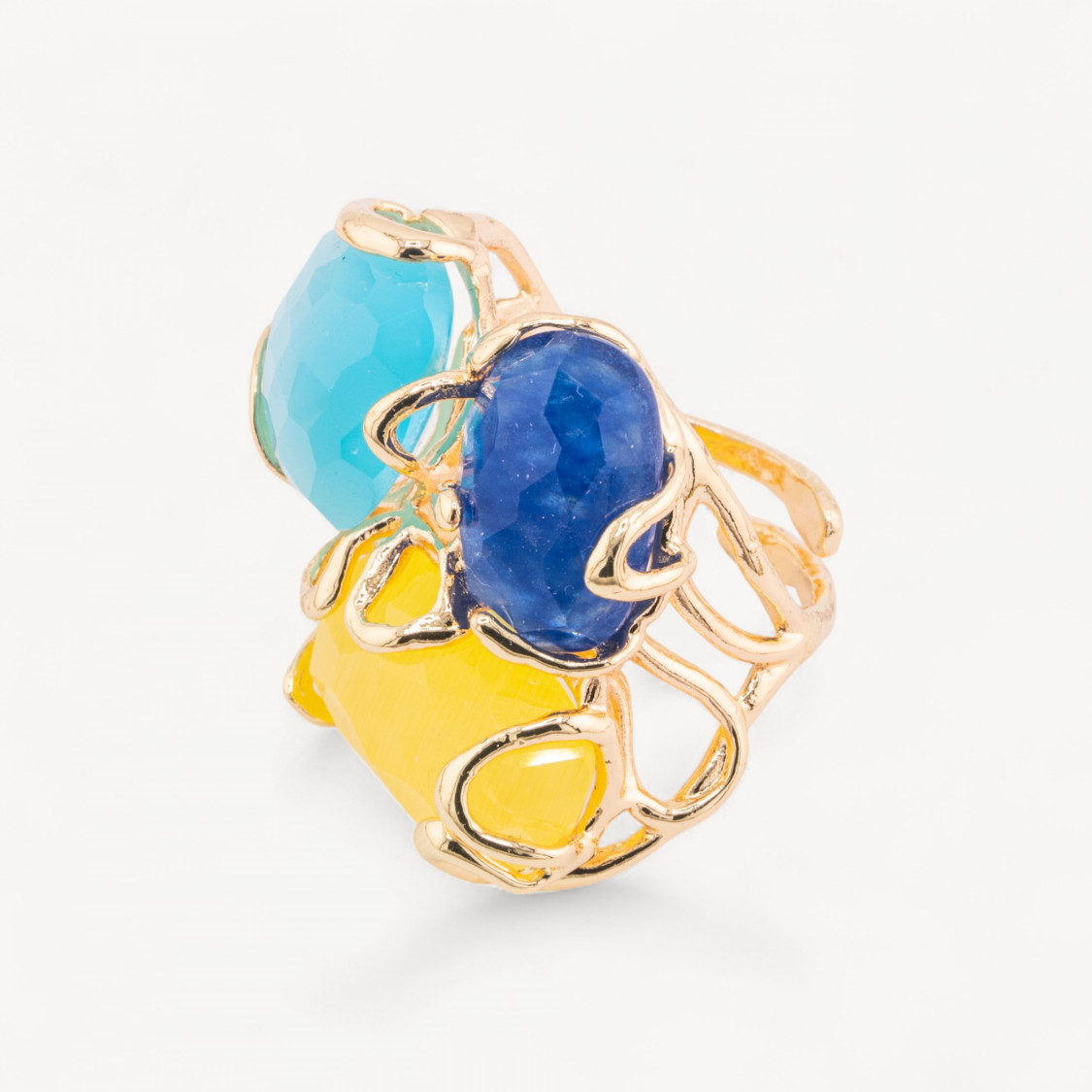Anello Regolabile in Bronzo Dorato Collezione AURORA con Occhio Di Gatto Multicolor 1 | Gioiello Artigianale Donna 32x36mm-ANELLI BIJOUX DONNA AURORA BEST SELLER | Worldofjewel.com