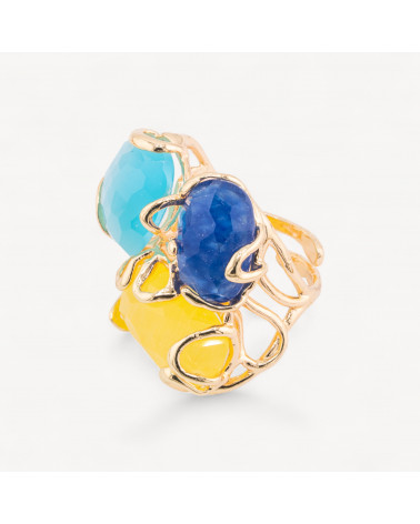 Anello Regolabile in Bronzo Dorato Collezione AURORA con Occhio Di Gatto Multicolor 1 | Gioiello Artigianale Donna 32x36mm-ANELLI BIJOUX DONNA AURORA BEST SELLER | Worldofjewel.com