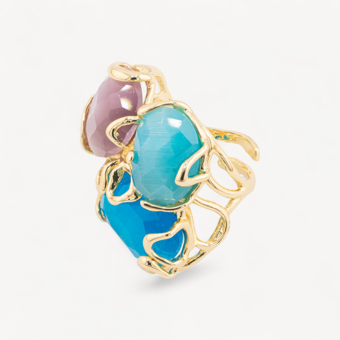 Anello Regolabile in Bronzo Dorato Collezione AURORA con Occhio Di Gatto Multicolor 2 | Gioiello Artigianale Donna 32x36mm-ANELLI BIJOUX DONNA AURORA BEST SELLER | Worldofjewel.com