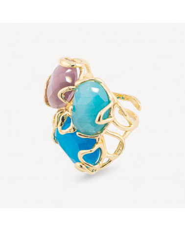 Anello Regolabile in Bronzo Dorato Collezione AURORA con Occhio Di Gatto Multicolor 2 | Gioiello Artigianale Donna 32x36mm-ANELLI BIJOUX DONNA AURORA BEST SELLER | Worldofjewel.com