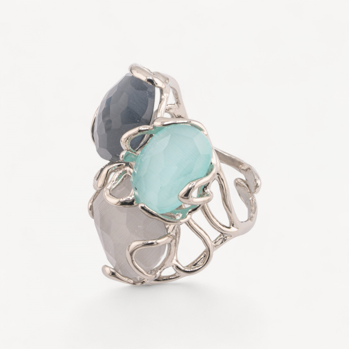 Anello Regolabile in Bronzo Rodiato Collezione AURORA con Occhio di Gatto Multicolor 4| Gioiello Artigianale Donna 32x36mm-ANELLI BIJOUX DONNA AURORA BEST SELLER | Worldofjewel.com