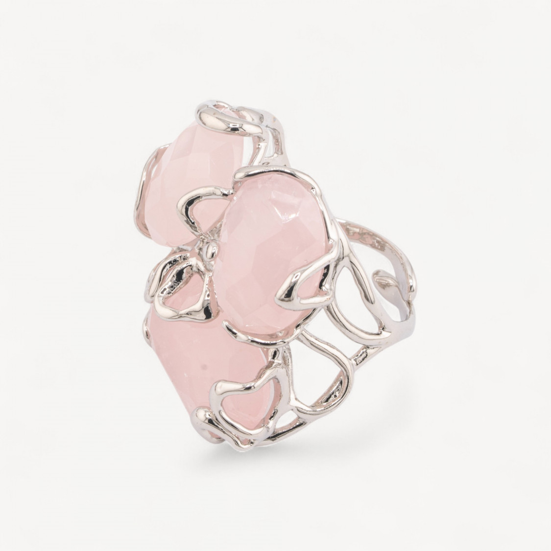 Anello Regolabile in Bronzo Rodiato Collezione AURORA con Pietre Dure Quarzo Rosa | Gioiello Artigianale Donna 32x36mm-ANELLI BIJOUX DONNA AURORA BEST SELLER | Worldofjewel.com