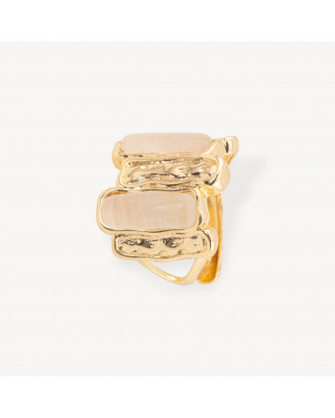 Anello Di Bronzo Con Occhio Di Gatto 20x22mm Con 2 Pietre Misura Regolabile Dorato Beige-ANELLI BRONZO CON PIETRE INCASTONATE | Worldofjewel.com
