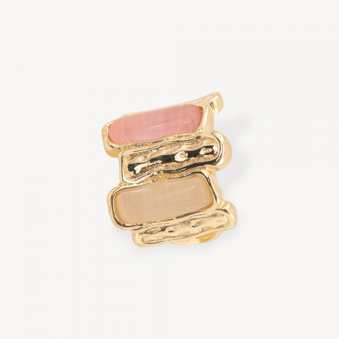 Anello Di Bronzo Con Occhio Di Gatto 20x22mm Con 2 Pietre Misura Regolabile Dorato Rosa e Beige-ANELLI BRONZO CON PIETRE INCASTONATE | Worldofjewel.com