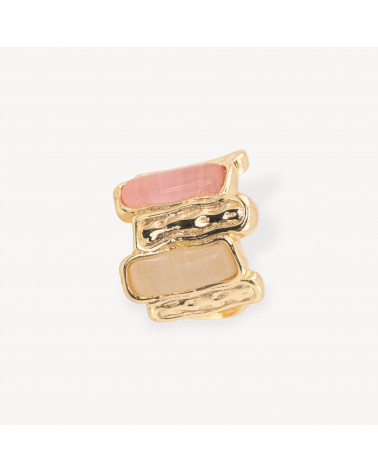Anello Di Bronzo Con Occhio Di Gatto 20x22mm Con 2 Pietre Misura Regolabile Dorato Rosa e Beige-ANELLI BRONZO CON PIETRE INCASTONATE | Worldofjewel.com