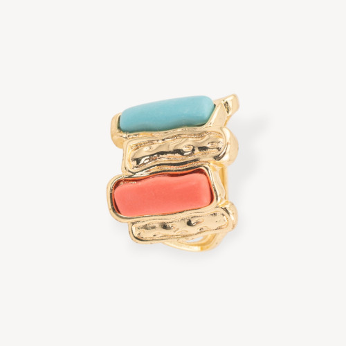 Bronzering mit Katzenauge (20 x 22 mm) und 2 Steinen, verstellbare Größe, Gold, Türkis und Koralle