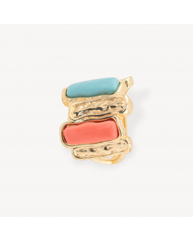 Anello Di Bronzo Con Occhio Di Gatto 20x22mm Con 2 Pietre Misura Regolabile Dorato Turchese e Corallo-ANELLI BRONZO CON PIETRE INCASTONATE | Worldofjewel.com