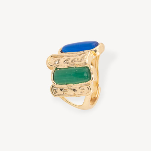 Bague en bronze avec œil-de-chat 20x22mm et 2 pierres, taille ajustable, or, vert et bleu