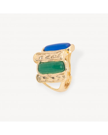Anello Di Bronzo Con Occhio Di Gatto 20x22mm Con 2 Pietre Misura Regolabile Dorato Verde e Blu-ANELLI BRONZO CON PIETRE INCASTONATE | Worldofjewel.com