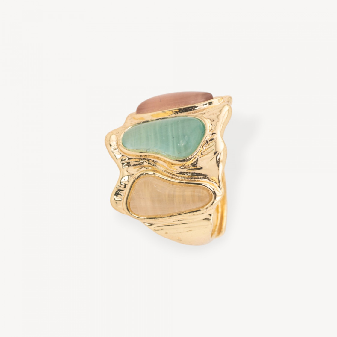 Anello Di Bronzo Con Occhio Di Gatto 21x23mm Con 3 Pietre Misura Regolabile Dorato MIX5-ANELLI BRONZO CON PIETRE INCASTONATE | Worldofjewel.com