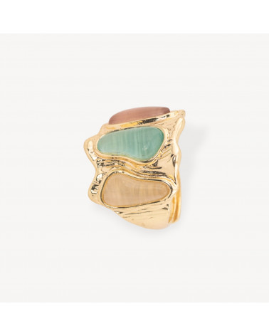 Anello Di Bronzo Con Occhio Di Gatto 21x23mm Con 3 Pietre Misura Regolabile Dorato MIX5-ANELLI BRONZO CON PIETRE INCASTONATE | Worldofjewel.com