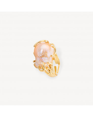 Anello Di Bronzo Con Perle Di Fiume Barocche Rosa Misura Regolabile 20-34mm Dorato-ANELLI BRONZO CON PIETRE INCASTONATE | Worldofjewel.com